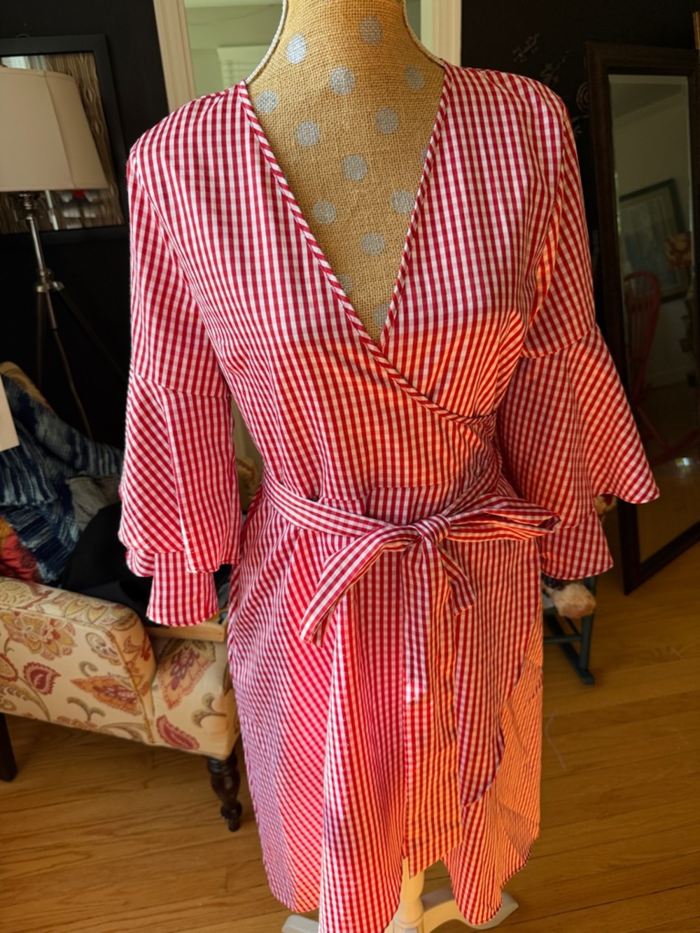 Red Gingham Wrap Midi Dress